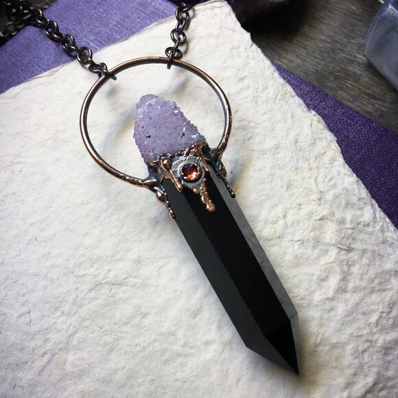 Obsidian, Spirit Amethyst Necklace in Electroformed Copper | Evening Star Amulet - Picture 1 of 12